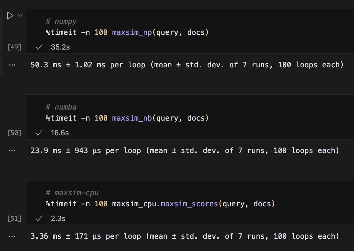 MaxSim CPU overhead comparison JITting better than Numba.